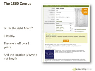 The 1860 Census
Is this the right Adam?
Possibly.
The age is off by a 8
years.
And the location is Wythe
not Smyth
 