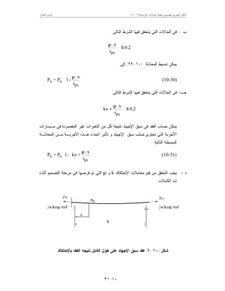 ‫ﺍﳋﺮﺳﺎﻧﻴﺔ‬ ‫ﺍﳌﻨﺸﺂﺕ‬ ‫ﻭﺗﻨﻔﻴﺬ‬ ‫ﻟﺘﺼﻤﻴﻢ‬ ‫ﺍﳌﺼﺮﻯ‬ ‫ﺍﻟﻜﻮﺩ‬٦٢٠٠‫ﺍﻟﻌﺎﺷﺮ‬ ‫ﺍﻟﺒﺎﺏ‬
١٠-٣١
‫ﺏ‬-‫ﺍﻟﺘﺎﻟﻰ‬ ‫ﺍﻟﺸﺭﻁ‬ ‫ﻓﻴﻬﺎ‬ ‫ﻴﺘﺤﻘﻕ‬ ‫ﺍﻟﺘﻰ‬ ‫ﺍﻟﺤﺎﻻﺕ‬ ‫ﻓﻰ‬:
0.2
r
x.
ps
≤







 µ
‫ﺍﻟﻤﻌﺎﺩﻟﺔ‬ ‫ﺘﺒﺴﻴﻁ‬ ‫ﻴﻤﻜﻥ‬)١٠-٢٩(‫ﺇﻟﻰ‬







 µ
ps
ox
r
x.
-1P=P (10-30)
‫ﺠـ‬–‫ﺍﻟﺘﺎﻟﻰ‬ ‫ﺍﻟﺸﺭﻁ‬ ‫ﻓﻴﻬﺎ‬ ‫ﻴﺘﺤﻘﻕ‬ ‫ﺍﻟﺘﻰ‬ ‫ﺍﻟﺤﺎﻻﺕ‬ ‫ﻓﻰ‬:
0.2
r
x.
kx
ps
≤







 µ
+
‫ﻤـﺴﺎﺭﺍﺕ‬ ‫ﻓﻰ‬ ‫ﺍﻟﻤﻘﺼﻭﺩﺓ‬ ‫ﻏﻴﺭ‬ ‫ﺍﻟﺘﻐﻴﺭﺍﺕ‬ ‫ﻤﻥ‬ ‫ﻜل‬ ‫ﻨﺘﻴﺠﺔ‬ ‫ﺍﻹﺠﻬﺎﺩ‬ ‫ﺴﺒﻕ‬ ‫ﻓﻰ‬ ‫ﺍﻟﻔﻘﺩ‬ ‫ﺤﺴﺎﺏ‬ ‫ﻴﻤﻜﻥ‬
‫ﺍﻟﻤ‬ ‫ﻤـﻥ‬ ‫ﺍﻷﺠﺭﺒـﺔ‬ ‫ﻫـﺫﻩ‬ ‫ﺍﻨﺤﻨﺎﺀ‬ ‫ﺘﺄﺜﻴﺭ‬ ‫ﻭ‬ ‫ﺍﻹﺠﻬﺎﺩ‬ ‫ﺴﺒﻕ‬ ‫ﺼﻠﺏ‬ ‫ﺘﺤﺘﻭﻯ‬ ‫ﺍﻟﺘﻰ‬ ‫ﺍﻷﺠﺭﺒﺔ‬‫ﻌﺎﺩﻟـﺔ‬
‫ﺍﻟﺘﺎﻟﻴﺔ‬ ‫ﺍﻟﻤﺒﺴﻁﺔ‬:















 µ
ps
ox
r
x.
+kx-1P=P (10-31)
‫ﺩ‬–‫ﺍﻹﺤﺘﻜﺎﻙ‬ ‫ﻤﻌﺎﻤﻼﺕ‬ ‫ﻗﻴﻡ‬ ‫ﻤﻥ‬ ‫ﺍﻟﺘﺤﻘﻕ‬ ‫ﻴﺠﺏ‬k‫ﻭ‬µ‫ﺃﺜﻨﺎﺀ‬ ‫ﺍﻟﺘﺼﻤﻴﻡ‬ ‫ﻤﺭﺤﻠﺔ‬ ‫ﻓﻰ‬ ‫ﻓﺭﻀﻬﺎ‬ ‫ﺘﻡ‬ ‫ﺍﻟﺘﻰ‬
‫ﺍﻟﻜﺎﺒﻼﺕ‬ ‫ﺸﺩ‬.
‫ﺸﻜل‬)١٠-٦(‫ﺍﻟﻜﺎﺒل‬ ‫ﻁﻭل‬ ‫ﻋﻠﻰ‬ ‫ﺍﻹﺠﻬﺎﺩ‬ ‫ﺴﺒﻕ‬ ‫ﻓﻘﺩ‬‫ﺒﺎﻹﺤﺘﻜﺎﻙ‬ ‫ﺍﻟﻔﻘﺩ‬ ‫ﻨﺘﻴﺠﺔ‬
 