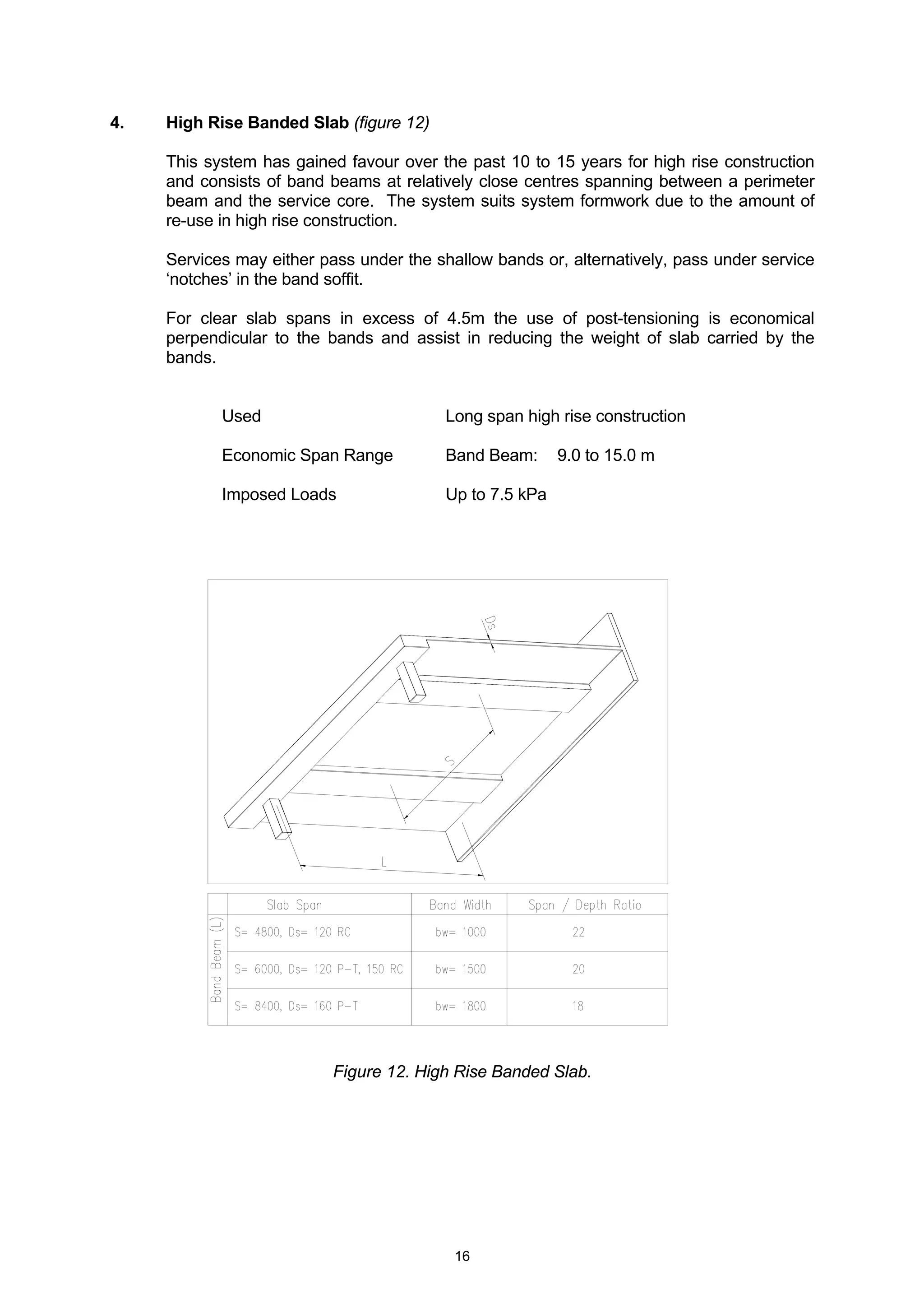16
4. High Rise Banded Slab (figure 12)
This system has gained favour over the past 10 to 15 years for high rise construction
and consists of band beams at relatively close centres spanning between a perimeter
beam and the service core. The system suits system formwork due to the amount of
re-use in high rise construction.
Services may either pass under the shallow bands or, alternatively, pass under service
‘notches’ in the band soffit.
For clear slab spans in excess of 4.5m the use of post-tensioning is economical
perpendicular to the bands and assist in reducing the weight of slab carried by the
bands.
Used Long span high rise construction
Economic Span Range Band Beam: 9.0 to 15.0 m
Imposed Loads Up to 7.5 kPa
Figure 12. High Rise Banded Slab.
 