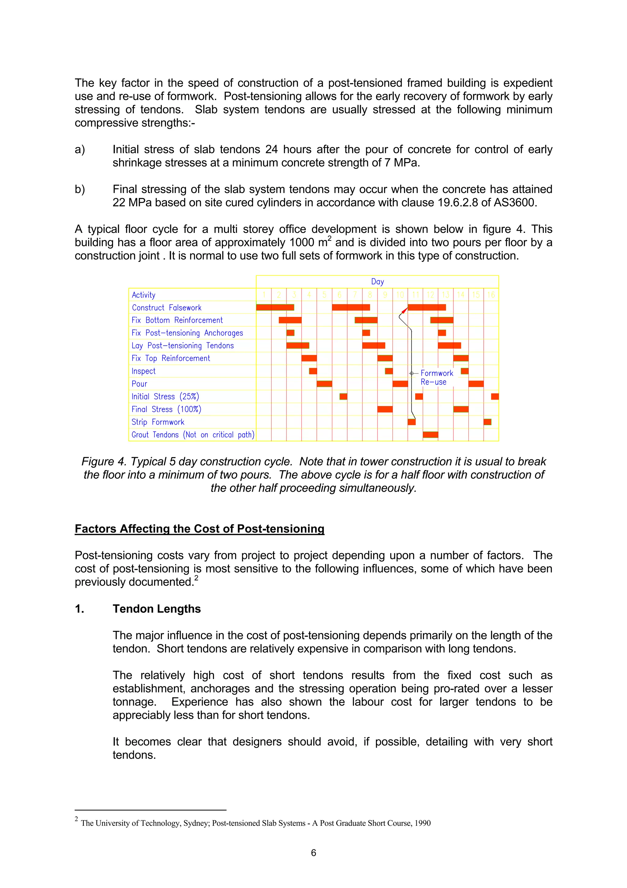 6
The key factor in the speed of construction of a post-tensioned framed building is expedient
use and re-use of formwork. Post-tensioning allows for the early recovery of formwork by early
stressing of tendons. Slab system tendons are usually stressed at the following minimum
compressive strengths:-
a) Initial stress of slab tendons 24 hours after the pour of concrete for control of early
shrinkage stresses at a minimum concrete strength of 7 MPa.
b) Final stressing of the slab system tendons may occur when the concrete has attained
22 MPa based on site cured cylinders in accordance with clause 19.6.2.8 of AS3600.
A typical floor cycle for a multi storey office development is shown below in figure 4. This
building has a floor area of approximately 1000 m2
and is divided into two pours per floor by a
construction joint . It is normal to use two full sets of formwork in this type of construction.
Figure 4. Typical 5 day construction cycle. Note that in tower construction it is usual to break
the floor into a minimum of two pours. The above cycle is for a half floor with construction of
the other half proceeding simultaneously.
Factors Affecting the Cost of Post-tensioning
Post-tensioning costs vary from project to project depending upon a number of factors. The
cost of post-tensioning is most sensitive to the following influences, some of which have been
previously documented.2
1. Tendon Lengths
The major influence in the cost of post-tensioning depends primarily on the length of the
tendon. Short tendons are relatively expensive in comparison with long tendons.
The relatively high cost of short tendons results from the fixed cost such as
establishment, anchorages and the stressing operation being pro-rated over a lesser
tonnage. Experience has also shown the labour cost for larger tendons to be
appreciably less than for short tendons.
It becomes clear that designers should avoid, if possible, detailing with very short
tendons.
2
The University of Technology, Sydney; Post-tensioned Slab Systems - A Post Graduate Short Course, 1990
 