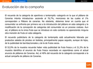 Evaluación de la campaña El recuerdo de la categoría de aperitivos o tentempiés -categoría en la que el plátano de Canarias intenta introducirse- asciende al 76,7%, menciones de las cuales el 1% corresponden a Plátano de canarias. No obstante, debemos tener en cuenta que el consumidor se enfrenta por primera vez a la introducción del plátano en esta categoría y la modificación de la concepción de categorías del consumidor es un proceso costoso. Aun así, el plátano es la única fruta que se introduce en este contexto no apareciendo ninguna otra mención de fruta en esta categoría. El recuerdo publicitario de la categoría de tentempiés está actualmente liderada por productos salados de picoteo en bolsitas, principalmente papas seguido, aunque de lejos, de la publicidad de barritas/cereales y de la de frutos secos. El 52,9% de la muestra recuerda haber visto publicidad de fruta fresca y el 21,3% de la muestra identifica el anuncio de fruta fresca recordado en espontáneo como el actual anuncio de plátanos de Canarias. Así, el 40% del recuerdo de la categoría corresponde a la actual campaña de plátano de Canarias. 
