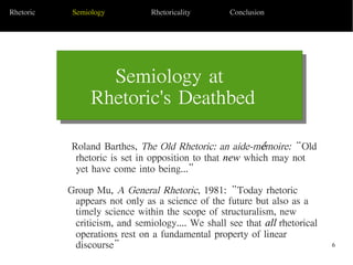 6
Semiology at
Rhetoric's Deathbed
Today's Date Sub Topic 2
Rhetoric Semiology Rhetoricality Conclusion
Roland Barthes, The Old Rhetoric: an aide-mémoire:“Old
rhetoric is set in opposition to that new which may not
yet have come into being...”
Group Mu, A General Rhetoric, 1981:“Today rhetoric
appears not only as a science of the future but also as a
timely science within the scope of structuralism, new
criticism, and semiology.... We shall see that all rhetorical
operations rest on a fundamental property of linear
discourse”
 