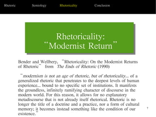 7
Today's Date Sub Topic 3
Rhetoric Semiology Rhetoricality Conclusion
Rhetoricality:
“Modernist Return”
Bender and Wellbery, “Rhetoricality: On the Modernist Returns
of Rhetoric” from The Ends of Rhetoric (1990)
“modernism is not an age of rhetoric, but of rhetoricality... of a
generalized rhetoric that penetrates to the deepest levels of human
experience... bound to no specific set of institutions. It manifests
the groundless, infinitely ramifying character of discourse in the
modern world. For this reason, it allows for no explanatory
metadiscourse that is not already itself rhetorical. Rhetoric is no
longer the title of a doctrine and a practice, nor a form of cultural
memory; it becomes instead something like the condition of our
existence.”
 