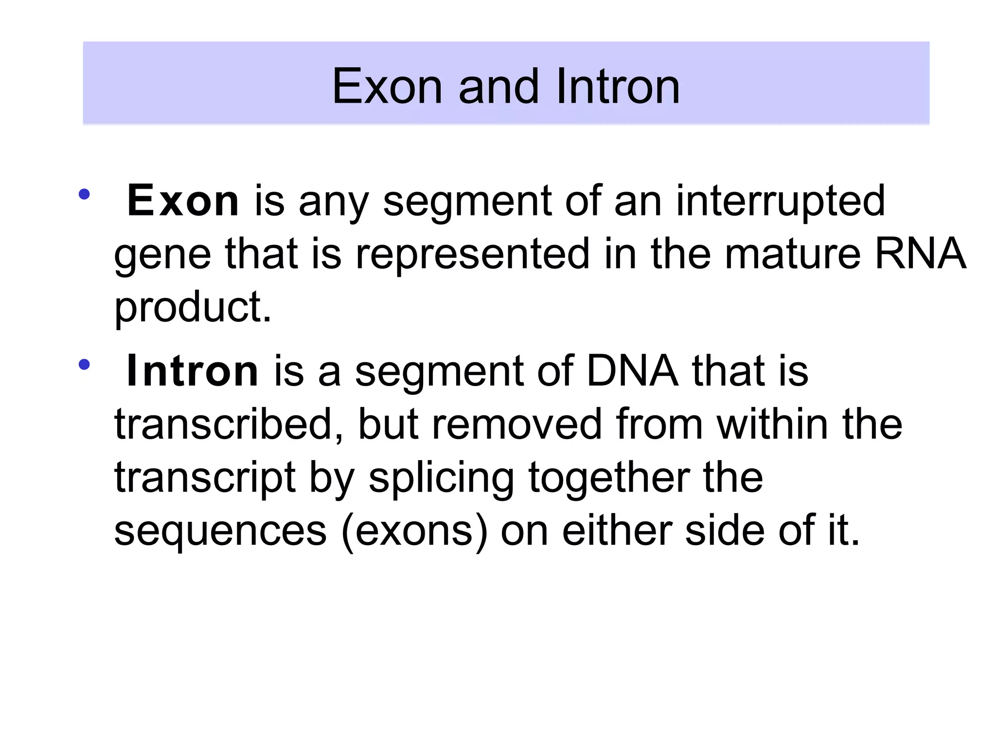 Exon and Intron
• Exon is any segment of an interrupted
gene that is represented in the mature RNA
product.
• Intron is a segment of DNA that is
transcribed, but removed from within the
transcript by splicing together the
sequences (exons) on either side of it.
 