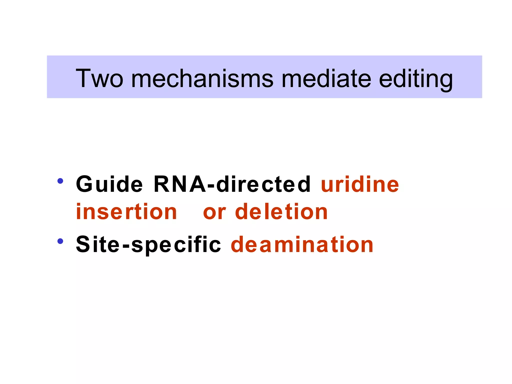 Two mechanisms mediate editing
• Guide RNA-directed uridine
insertion or deletion
• Site-specific deamination
 