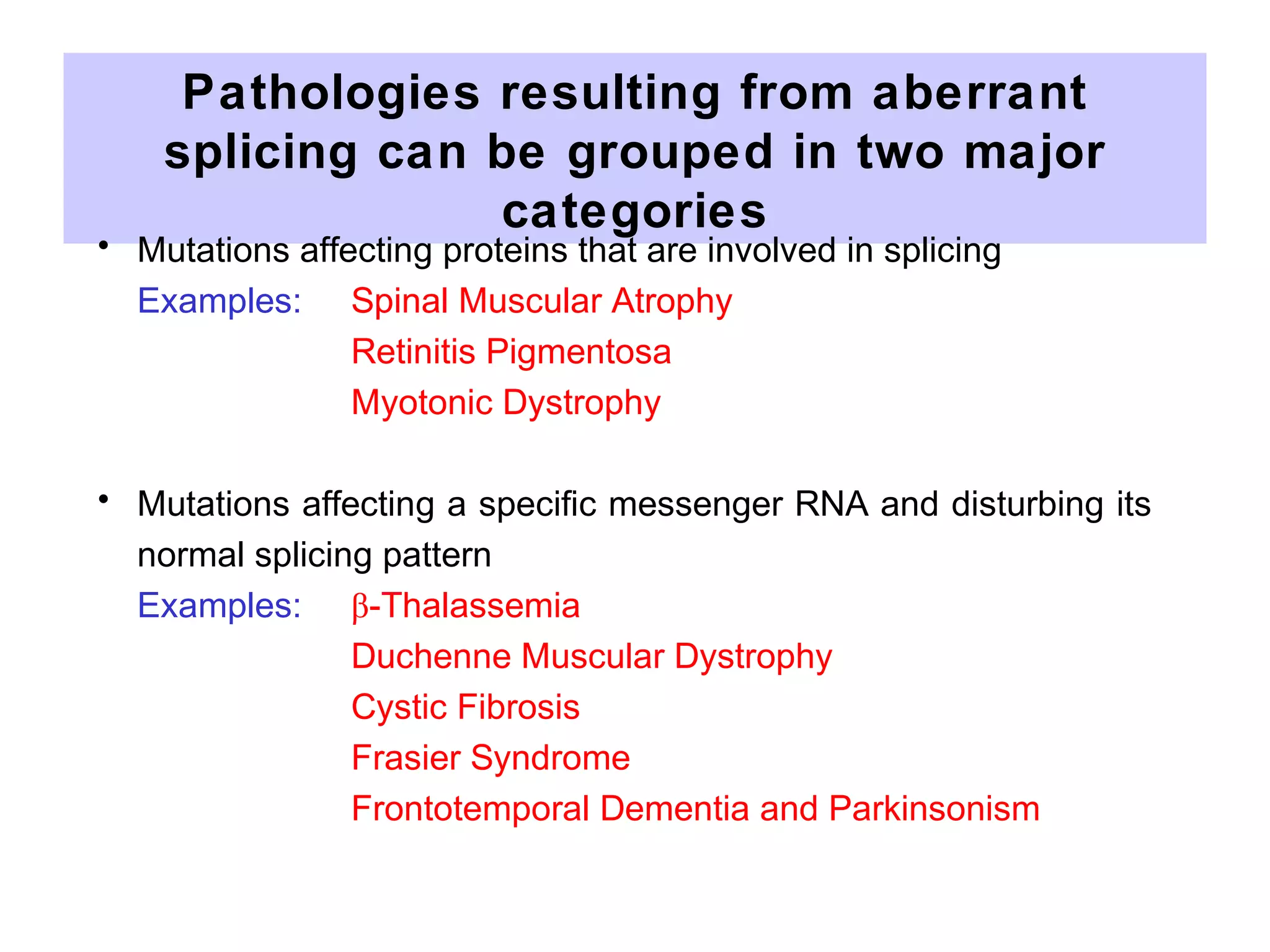 Pathologies resulting from aberrant
splicing can be grouped in two major
categories
• Mutations affecting proteins that are involved in splicing
Examples: Spinal Muscular Atrophy
Retinitis Pigmentosa
Myotonic Dystrophy
• Mutations affecting a specific messenger RNA and disturbing its
normal splicing pattern
Examples: β-Thalassemia
Duchenne Muscular Dystrophy
Cystic Fibrosis
Frasier Syndrome
Frontotemporal Dementia and Parkinsonism
 