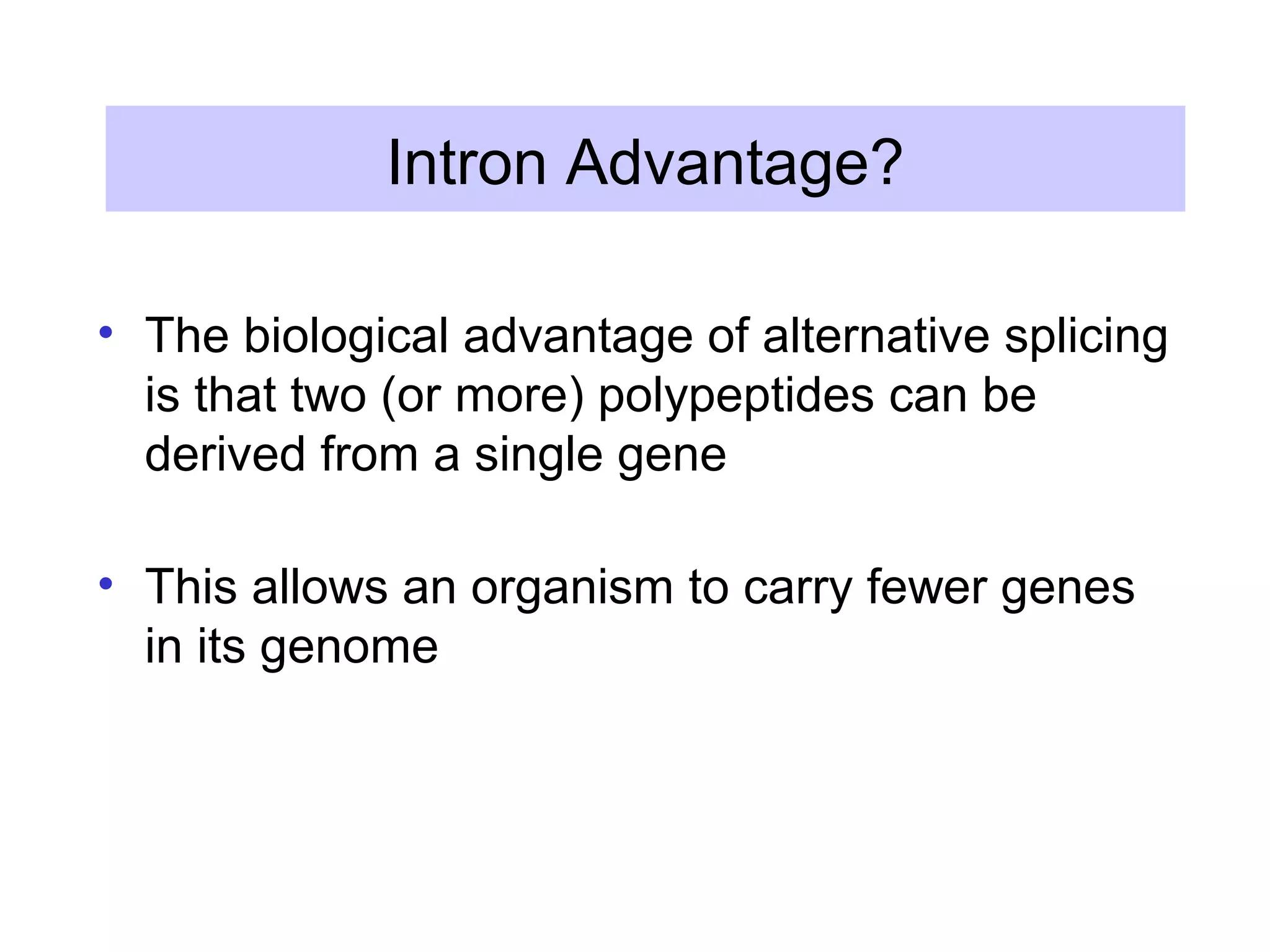Intron Advantage?
• The biological advantage of alternative splicing
is that two (or more) polypeptides can be
derived from a single gene
• This allows an organism to carry fewer genes
in its genome
 