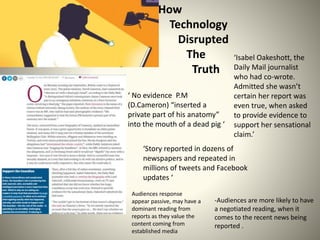 How
Technology
Disrupted
The
Truth
-Audiences are more likely to have
a negotiated reading, when it
comes to the recent news being
reported .
‘Isabel Oakeshott, the
Daily Mail journalist
who had co-wrote.
Admitted she wasn’t
certain her report was
even true, when asked
to provide evidence to
support her sensational
claim.’
‘Story reported in dozens of
newspapers and repeated in
millions of tweets and Facebook
updates ‘
‘ No evidence P.M
(D.Cameron) “inserted a
private part of his anatomy”
into the mouth of a dead pig ‘
Audiences response
appear passive, may have a
dominant reading from
reports as they value the
content coming from
established media
 