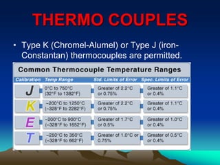 THERMO COUPLES
• Type K (Chromel-Alumel) or Type J (iron-
Constantan) thermocouples are permitted.
 