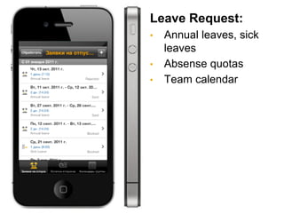 Leave Request:
•   Annual leaves, sick
    leaves
•   Absense quotas
•   Team calendar
 