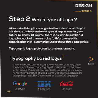 DESIGN
After establishing these organizational directions (Step 1),
it is time to understand what type of logo to use for your
future business. Of course, there is an infinite number of
logos, but each of them remains faithful to a specific
classification that I summarize under these three categories:
Typographic logos, pictograms, combination mark.
Step 2 Which type of Logo ?
Typography based logos
next
this one is based on the typography or lettering, it is very often
the name of the company (logotype) or its initials (monogram)
which can be (if desired) represented in the colors of the brand,
hence the importance of step 1. Some well-known examples are :
Google (logotype), IBM (monogram) or Coca Cola (logotype).
Logotype Monogram Logotype
 