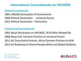 International Commitments on HIV/AIDS
Global Commitments
2001 UNGASS Declaration of Commitment
2006 Political Declaration - Universal Access
2011 Political Declaration - Elimination
Continental Commitments
2001 Abuja Declaration on HIV/AIDS, TB & Other Related IDs
2006 Abuja Call: Common Position on Universal Access
2011 AU Consultative Process: Africa Common Position to HLM
2012 AU Roadmap on Shared Responsibility and Global Solidarity

 