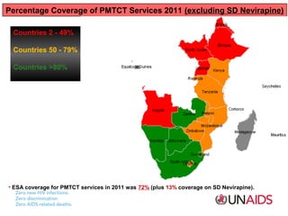 Percentage Coverage of PMTCT Services 2011 (excluding SD Nevirapine)
Countries 2 - 49%
Countries 50 - 79%
Countries >80%

• ESA coverage for PMTCT services in 2011 was 72% (plus 13% coverage on SD Nevirapine).

 