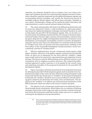 22   UN System Task Team on the Post-2015 UN Development Agenda




     situations, two elements should be seen as common: first, core values, prin-
     ciples and standards derived from internationally-adopted normative frame-
     works should be explicitly integrated into the global development agenda and
     corresponding national strategies; and, second, the shorter-term pursuit of
     verifiable progress should support and affirm those principles. Founded on
     core values, transformative change will be fuelled by policy innovation and
     experimentation, as well as mutual and participatory learning.
     53.	    The values and principles affirmed in the Millennium Declaration and
     its seven key objectives 41 remain a solid foundation for addressing today’s
     and tomorrow’s global development challenges and should therefore be used
     to help shape the post-2015 UN development agenda. This can be done in a
     focused manner by building a framework that: (i) is based on the three funda-
     mental principles of human rights, equality and sustainability; and (ii) orients
     key goals along the four, highly interdependent dimensions of inclusive social
     development, environmental sustainability, inclusive economic development,
     and peace and security. These core dimensions are consistent with the notion
     of “freedom from want” for present and future generations, building on the
     three pillars of the sustainable development concept (economic, social, envi-
     ronmental), and that of “freedom of fear”.
     54.	    Effective implementation of such a framework would require a high
     degree of policy coherence at the global, regional, national and sub-national
     levels. As there are no blueprints for the most effective “enablers”, ample
     space would need to be ensured for experimentation and adaptation to local
     settings. The obvious need for differentiation across different contexts is not
     inconsistent with an emphasis on policy coherence. The common-but-differ-
     entiated approach to policy coherence is to be guided by the overall vision
     and underlying principles of the proposed framework for the post-2015 UN
     development agenda.
     55.	    Figure 1 provides a schematic presentation of an integrated framework
     for defining the post-2015 UN development agenda, built around the three fun-
     damental principles of the vision, the four dimensions along which goals could
     be pursued and the four broad areas of “enablers”. In the proposed integrated
     framework, the “enablers” should be seen as not just effective towards achiev-
     ing goals related to one dimension, but rather across all dimensions. The em-
     phasis on the “enablers” is to address one of the perceived weaknesses of the
     MDG framework, which was silent on the means to achieve the goals.
     56.	    The details of such a framework would need to be elaborated and re-
     fined through broad consultations. What follows has no intention of defining
     any goals in particular at this stage, but rather to provide a tentative descrip-
     tion of how the framework could take further shape and serve as a guide for
     realizing the development vision presented here.


                41	   Peace, security and disarmament; development and poverty eradication; protecting our common
                      environment; human rights, democracy and good governance; protecting the vulnerable; meeting
                      the special needs of Africa; and strengthening the United Nations (General Assembly resolution
                      55/2, op. cit., paras. 1–6).
 