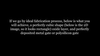 If we go by ideal fabrication process, below is what you
will achieve, a perfectly cubic shape (below is the 2D
image, so it looks rectangle) oxide layer, and perfectly
deposited metal gate or polysilicon gate
 