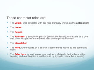 These character roles are: 
 The villain, who struggles with the hero (formally known as the antagonist) 
 The donor, 
 The helper, 
 The Princess, a sought-for person (and/or her father), who exists as a goal 
and often recognizes and marries hero and/or punishes villain 
 The dispatcher, 
 The hero, who departs on a search (seeker-hero), reacts to the donor and 
weds 
 The false hero (or antihero or usurper), who claims to be the hero, often 
seeking and reacting like a real hero (ie by trying to marry the princess). 
 