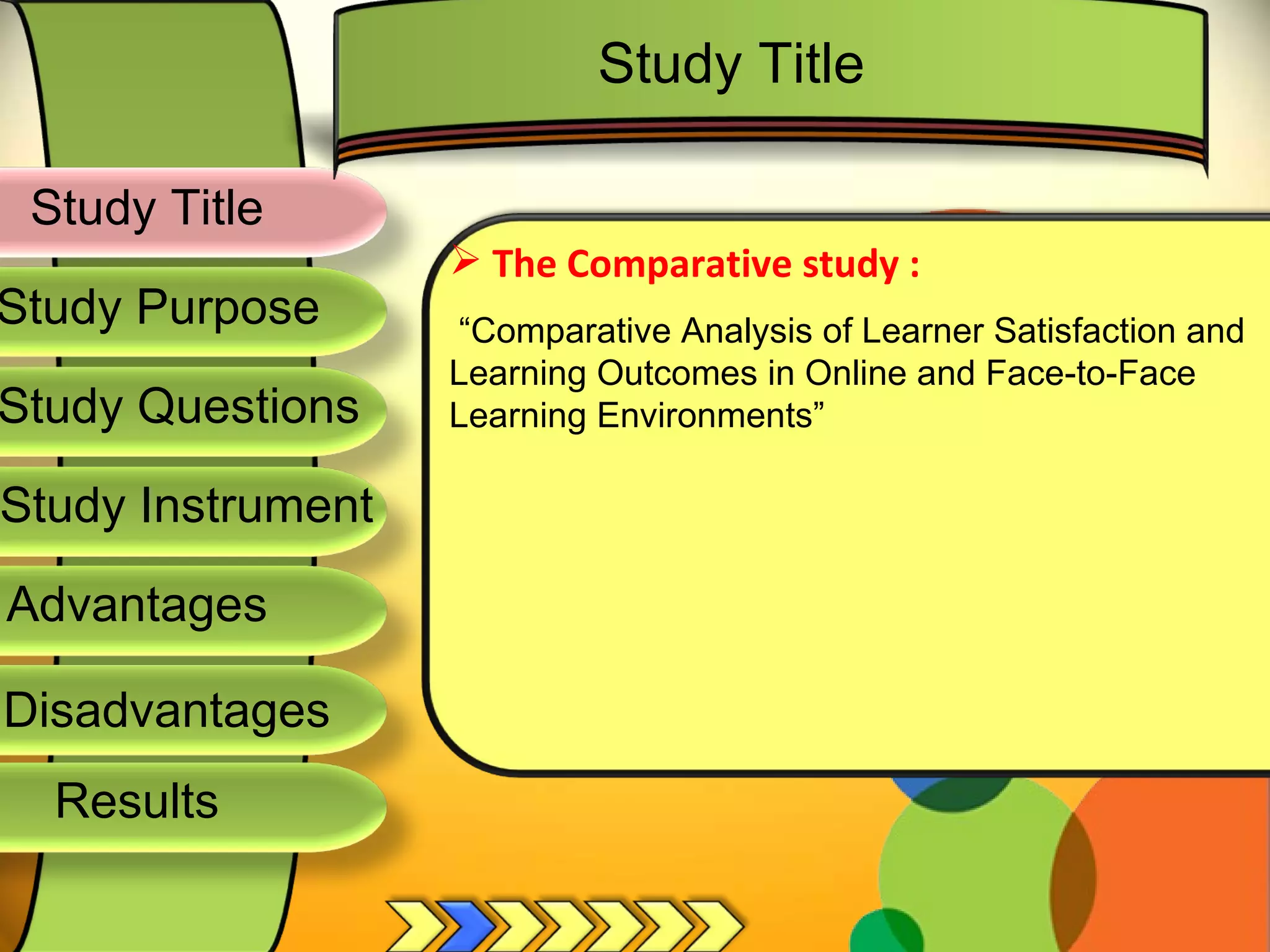Study Title  Study Questions Study Instrument  Advantages  Study Purpose  The Comparative study :  “ Comparative Analysis of Learner Satisfaction and Learning Outcomes in Online and Face-to-Face Learning Environments”  Study Title  Disadvantages  Results  