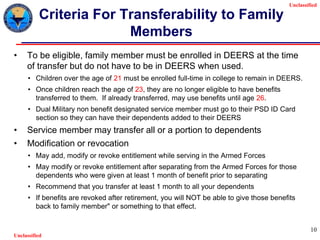 Unclassified
Unclassified
10
Criteria For Transferability to Family
Members
• To be eligible, family member must be enrolled in DEERS at the time
of transfer but do not have to be in DEERS when used.
• Children over the age of 21 must be enrolled full-time in college to remain in DEERS.
• Once children reach the age of 23, they are no longer eligible to have benefits
transferred to them. If already transferred, may use benefits until age 26.
• Dual Military non benefit designated service member must go to their PSD ID Card
section so they can have their dependents added to their DEERS
• Service member may transfer all or a portion to dependents
• Modification or revocation
• May add, modify or revoke entitlement while serving in the Armed Forces
• May modify or revoke entitlement after separating from the Armed Forces for those
dependents who were given at least 1 month of benefit prior to separating
• Recommend that you transfer at least 1 month to all your dependents
• If benefits are revoked after retirement, you will NOT be able to give those benefits
back to family member" or something to that effect.
 