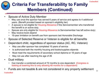 Unclassified
Unclassified
11
Criteria For Transferability to Family
Members (Continued)
• Spouse of Active Duty Member
• May use once the sponsor has served 6 years of service and agrees to 4 additional
years. (Benefit prorated based on sponsor’s eligibility tier)
• A spouse is not eligible for Housing Allowance if the Servicemember who transferred
the benefit is on active duty.
• Spouse are only eligible for Housing Allowance is Servicemember has left active duty)
• May receive book stipend
• 15-year limitation on benefit use from sponsors last Honorable Discharge
• Spouse of Selected Reserve or Veteran is eligible for all benefits
• Dependent child, regardless of sponsor status (AC, RC, Veteran)
• May use after sponsor has completed 10 years of service
• Is authorized both the monthly housing and books/supplies stipends
• Must meet the requirements of secondary school diploma or 18 years of age
• May not use after reaching the age of 26
• Dual military
• Can transfer a combined amount of 72 months to one dependent (Congress is
looking at lowering this to only allowing 48 months for a dependent)
• Funds are not taxable & are not considered in any property settlement
 