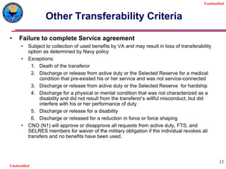 Unclassified
Unclassified
12
Other Transferability Criteria
• Failure to complete Service agreement
• Subject to collection of used benefits by VA and may result in loss of transferability
option as determined by Navy policy
• Exceptions:
1. Death of the transferor
2. Discharge or release from active duty or the Selected Reserve for a medical
condition that pre-existed his or her service and was not service-connected
3. Discharge or release from active duty or the Selected Reserve for hardship
4. Discharge for a physical or mental condition that was not characterized as a
disability and did not result from the transferor’s willful misconduct, but did
interfere with his or her performance of duty
5. Discharge or release for a disability
6. Discharge or released for a reduction in force or force shaping
• CNO (N1) will approve or disapprove all requests from active duty, FTS, and
SELRES members for waiver of the military obligation if the individual revokes all
transfers and no benefits have been used.
 
