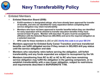 Unclassified
Unclassified
14
Navy Transferability Policy
• Enlisted Members
• Enlisted Retention Board (ERB)
 E4-E8 members in designated ratings, who have already been approved for transfer
of benefits, and who are identified for early separation before completing their
service obligation may retain transferability
 Members who have not been approved to transfer benefits before they are identified
for early separation will be allowed to transfer education benefits if they have
served at least 10 years. Member with less than 10 years must be accepted for
affiliation with the Selected Reserves (SELRES) and serve the required obligation as
a selected reservist
 SPD code for these members is JCC or LCC (Verify this code is on your DD 214
• Members approved for Enlisted Early Career Transition and have transferred
benefits can fulfill obligated service if they remain in SELRES drill pay status
until the service obligation end date
• Members who voluntarily retire before serving the obligation, will forfeit
transferability and any funds expended are subject to recoupment by the VA
• Members transitioning from RC to AC or AC to RC who have remaining
service obligation may fulfill the obligation in the gaining component, or re-
establish transferability with a new 4-year obligation, subject to restrictions
and requirements described in BUPERSNOTE 1780.
 
