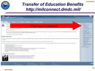 Unclassified
Unclassified
Transfer of Education Benefits
http://milconnect.dmdc.mil/
24
Click here to proceed
 