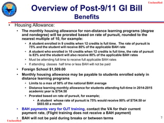 Unclassified
Unclassified
7
Overview of Post-9/11 GI Bill
Benefits
• Housing Allowance:
• The monthly housing allowance for non-distance learning programs (degree
and nondegree) will be prorated based on rate of pursuit, rounded to the
nearest multiple of 10, for example:
• A student enrolled in 9 credits when 12 credits is full time. The rate of pursuit is
75% and the student will receive 80% of the applicable BAH rate
• A student who enrolled in 10 credits when 12 credits is full time, the rate of pursuit
is 83% and the student will also receive 80% of the applicable BAH rates
• Must be attending full time to receive full applicable BAH rates
• If attending classes half time or less BAH will not be paid
• Foreign School $1,509.00
• Monthly housing allowance may be payable to students enrolled solely in
distance learning programs
• Limits to a max of 50% of the national BAH average
• Distance learning monthly allowance for students attending full-time in 2014-2015
academic year is $754.50
• Prorated based on rate of pursuit, for example;
• A student whose rate of pursuit is 75% would receive 80% of $754.50 or
$603.60 a month
• BAH payments vary for OJT training, contact the VA for their current
payment rate, (Flight training does not receive a BAH payment)
• BAH will not be paid during breaks or between terms
 