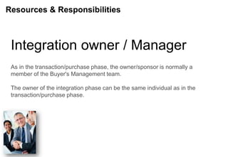 Resources & Responsibilities



 Integration owner / Manager
 As in the transaction/purchase phase, the owner/sponsor is normally a
 member of the Buyer's Management team.

 The owner of the integration phase can be the same individual as in the
 transaction/purchase phase.
 