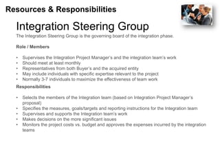 Resources & Responsibilities

  Integration Steering Group
  The Integration Steering Group is the governing board of the integration phase.

  Role / Members

  •   Supervises the Integration Project Manager‟s and the integration team‟s work
  •   Should meet at least monthly
  •   Representatives from both Buyer‟s and the acquired entity
  •   May include individuals with specific expertise relevant to the project
  •   Normally 3-7 individuals to maximize the effectiveness of team work
  Responsibilities

  •   Selects the members of the Integration team (based on Integration Project Manager‟s
      proposal)
  •   Specifies the measures, goals/targets and reporting instructions for the Integration team
  •   Supervises and supports the Integration team‟s work
  •   Makes decisions on the more significant issues
  •   Monitors the project costs vs. budget and approves the expenses incurred by the integration
      teams
 