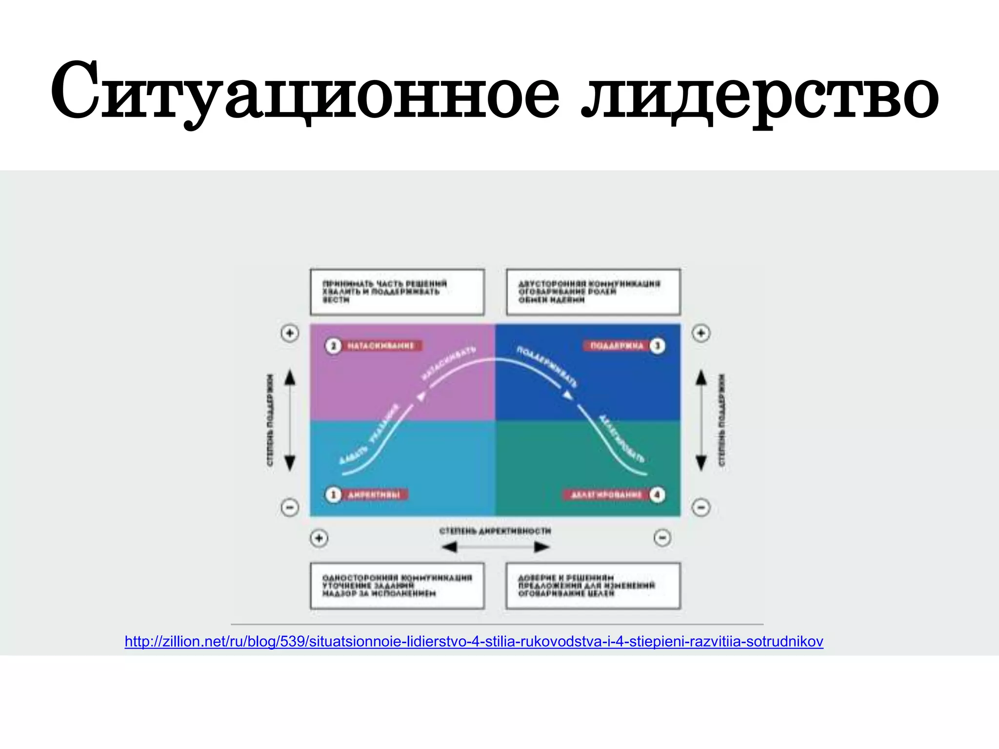 Ситуационное лидерство
http://zillion.net/ru/blog/539/situatsionnoie-lidierstvo-4-stilia-rukovodstva-i-4-stiepieni-razvitiia-sotrudnikov
 