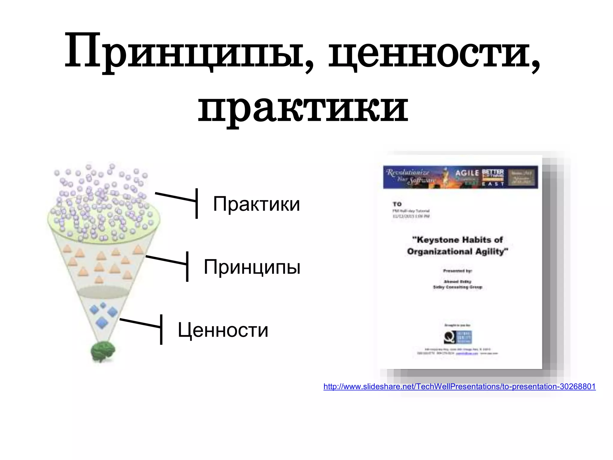 Принципы, ценности,
практики
http://www.slideshare.net/TechWellPresentations/to-presentation-30268801
Ценности
Принципы
Практики
 