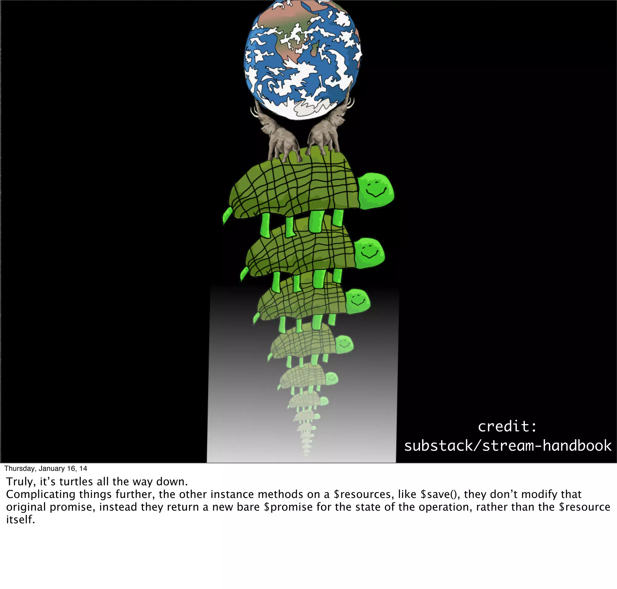 credit:
substack/stream-handbook
Thursday, January 16, 14

Truly, it’s turtles all the way down.
Complicating things further, the other instance methods on a $resources, like $save(), they don’t modify that
original promise, instead they return a new bare $promise for the state of the operation, rather than the $resource
itself.

 