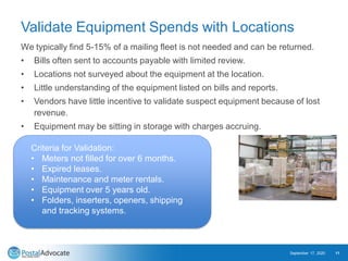 Validate Equipment Spends with Locations
We typically find 5-15% of a mailing fleet is not needed and can be returned.
• Bills often sent to accounts payable with limited review.
• Locations not surveyed about the equipment at the location.
• Little understanding of the equipment listed on bills and reports.
• Vendors have little incentive to validate suspect equipment because of lost
revenue.
• Equipment may be sitting in storage with charges accruing.
September 17, 2020 11
Criteria for Validation:
• Meters not filled for over 6 months.
• Expired leases.
• Maintenance and meter rentals.
• Equipment over 5 years old.
• Folders, inserters, openers, shipping
and tracking systems.
 