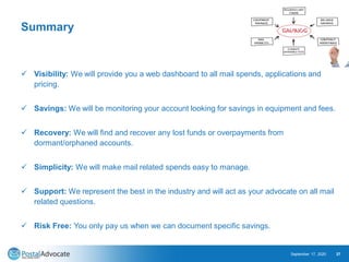 Summary
✓ Visibility: We will provide you a web dashboard to all mail spends, applications and
pricing.
✓ Savings: We will be monitoring your account looking for savings in equipment and fees.
✓ Recovery: We will find and recover any lost funds or overpayments from
dormant/orphaned accounts.
✓ Simplicity: We will make mail related spends easy to manage.
✓ Support: We represent the best in the industry and will act as your advocate on all mail
related questions.
✓ Risk Free: You only pay us when we can document specific savings.
September 17, 2020 27
 