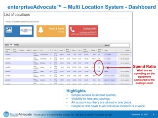 enterpriseAdvocate™ – Multi Location System - Dashboard
September 17, 2020 9
Highlights
• Simple access to all mail spends.
• Visibility to fees and savings.
• All account numbers are stored in one place.
• Simple to drill down to an individual location or invoice.
The data above is for demonstrative purposes only. Data does not represent true spends and costs.
Spend Ratio
What are we
spending on the
equipment
compared to the
postage used.
 