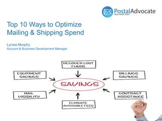 Name (18pt)
Title (14pt)
Top 10 Ways to Optimize
Mailing & Shipping Spend
Lynsie Murphy
Account & Business Development Manager
 
