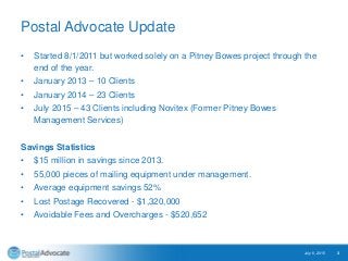 Postal Advocate Update
• Started 8/1/2011 but worked solely on a Pitney Bowes project through the
end of the year.
• January 2013 – 10 Clients
• January 2014 – 23 Clients
• July 2015 – 43 Clients including Novitex (Former Pitney Bowes
Management Services)
Savings Statistics
• $15 million in savings since 2013.
• 55,000 pieces of mailing equipment under management.
• Average equipment savings 52%
• Lost Postage Recovered - $1,320,000
• Avoidable Fees and Overcharges - $520,652
July 6, 2015 3
 
