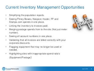 Current Inventory Management Opportunities
• Simplifying the population reports.
• Seeing Pitney Bowes, Neopost, Hasler, FP and
Stamps.com spends in one place.
• Linking the inventory to invoices paid.
• Merging postage spends from to the site (Not just meter
number).
• Seeing all account numbers in one place.
• Validating that all invoices are billed correctly with your
corporate discounts.
• Flagging equipment that may no longer be used or
needed.
• Highlighting sites with inappropriate spend ratio’s
(Equipment/Postage)
July 6, 2015 8
 