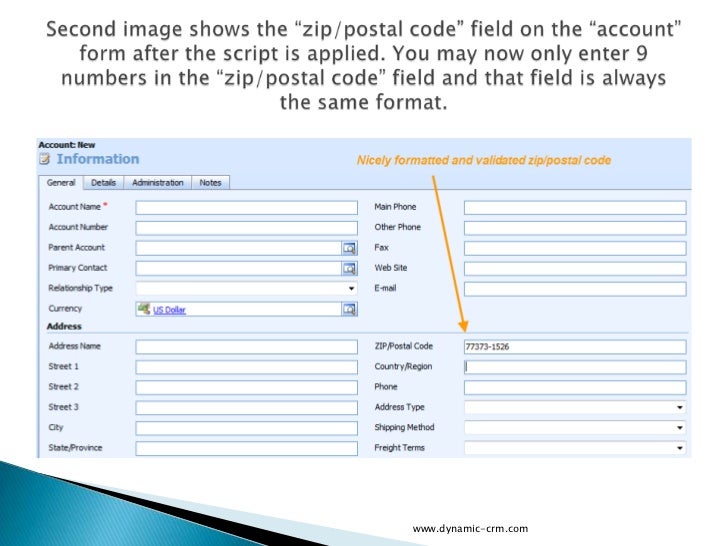 Dynamics CRM 4 Postal Code Validation and Format Script