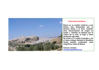 Panorámica de Baena

Baena es un pueblo moderno y sus
fiestas más destacadas son la
Semana Santa y la feria. También
tiene denominación de origen su
aceite y también se destaca por el
cultivo de la viña, el trigo y otros
productos agrícolas.
Os animo a ir a visitar el pueblo y ver
el casco antiguo llamado la Almedina
donde podréis contemplar unas
magníficas vistas de Baena.

Antonio Jiménez
montescaete@yahoo.es
 