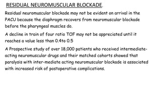 RESIDUAL NEUROMUSCULAR BLOCKADE.
Residual neuromuscular blockade may not be evident on arrival in the
PACU because the diaphragm recovers from neuromuscular blockade
before the pharyngeal muscles do.
A decline in train of four ratio TOF may not be appreciated until it
reaches a value less than 0.4to 0.5
A Prospective study of over 18,000 patients who received intermediate-
acting neuromuscular drugs and their matched cohorts showed that
paralysis with inter-mediate acting neuromuscular blockade is associated
with increased risk of postoperative complications.
 