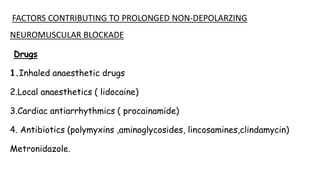 FACTORS CONTRIBUTING TO PROLONGED NON-DEPOLARZING
NEUROMUSCULAR BLOCKADE
Drugs
1.Inhaled anaesthetic drugs
2.Local anaesthetics ( lidocaine)
3.Cardiac antiarrhythmics ( procainamide)
4. Antibiotics (polymyxins ,aminoglycosides, lincosamines,clindamycin)
Metronidazole.
 