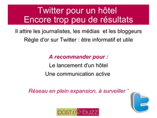 Twitter pour un hôtel  Encore trop peu de résultats Il attire les journalistes, les médias  et les bloggeurs Règle d'or sur Twitter : être informatif et utile A recommander pour : Le lancement d'un hôtel Une communication active  Réseau en plein expansion, à surveiller ! 