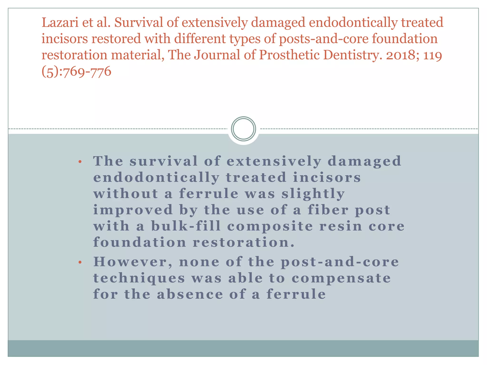 • The survival of extensively damaged
endodontically treated incisors
without a ferrule was slightly
improved by the use of a fiber post
with a bulk-fill composite resin core
foundation restoration.
• However, none of the post -and-core
techniques was able to compensate
for the absence of a ferrule
Lazari et al. Survival of extensively damaged endodontically treated
incisors restored with different types of posts-and-core foundation
restoration material, The Journal of Prosthetic Dentistry. 2018; 119
(5):769-776
 