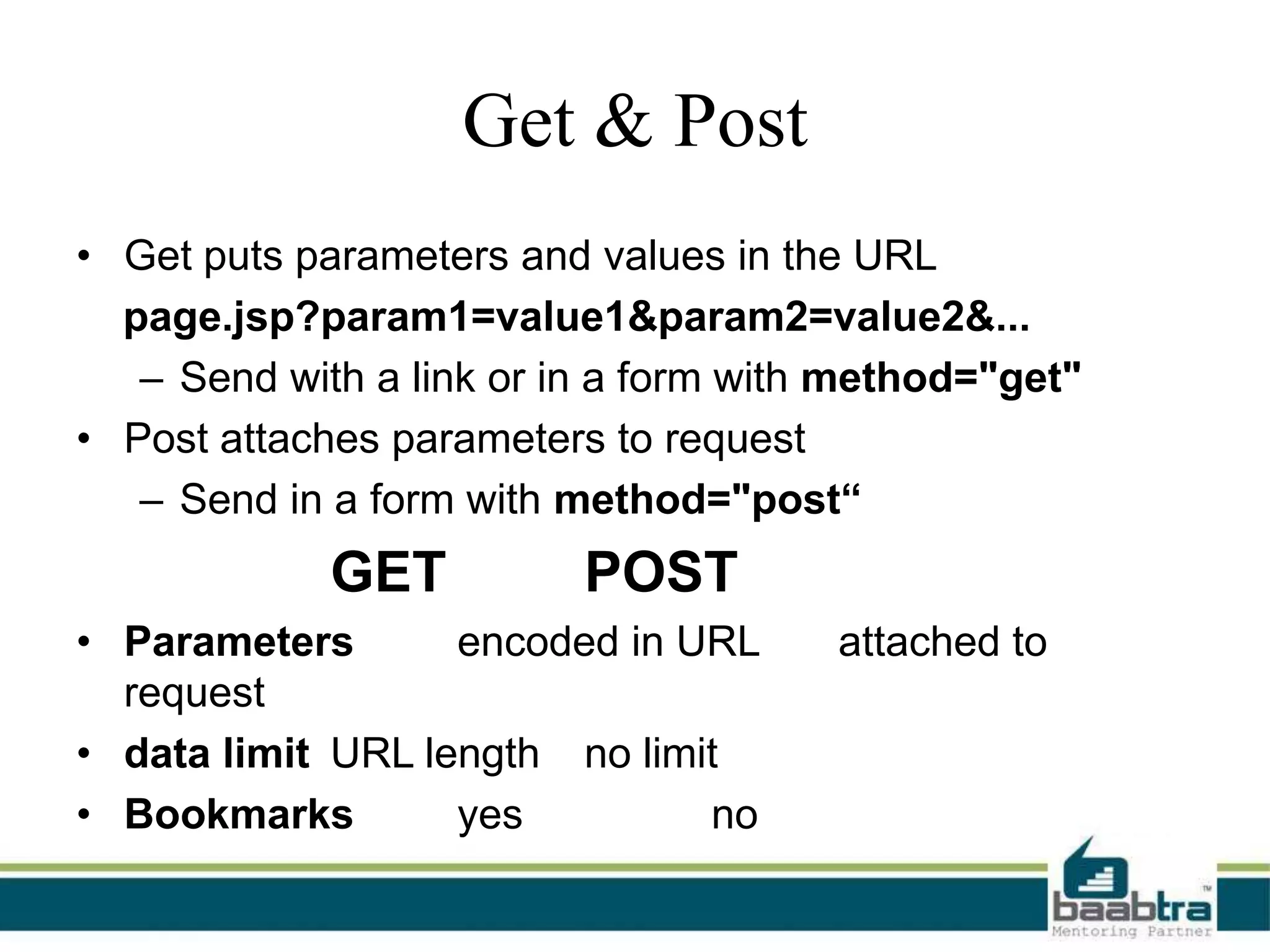 Get & Post
• Get puts parameters and values in the URL
page.jsp?param1=value1&param2=value2&...
– Send with a link or in a form with method="get"
• Post attaches parameters to request
– Send in a form with method="post“

GET

POST

• Parameters
encoded in URL
request
• data limit URL length no limit
• Bookmarks
yes
no

attached to

 