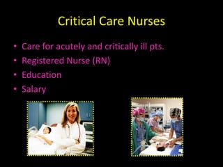 Critical Care NursesCare for acutely and critically ill pts.Registered Nurse (RN)EducationSalary