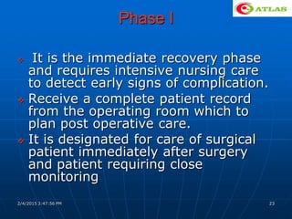 Phase I
 It is the immediate recovery phase
and requires intensive nursing care
to detect early signs of complication.
 Receive a complete patient record
from the operating room which to
plan post operative care.
 It is designated for care of surgical
patient immediately after surgery
and patient requiring close
monitoring
2/4/2015 3:47:56 PM 23
 