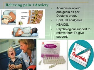 Relieving pain +Anxiety
 Administer opioid
analgesia as per
Doctor’s order.
 Epidural analgesia.
 NSAIDS.
 Psychological support to
relieve fear+To give
support.
2/4/2015 3:47:58 PM 41
 