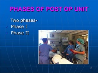 PHASES OF POST OP UNIT
Two phases-
 Phase I
 Phase II
21
 