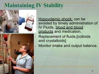 Maintaining IV Stability
Hypovolemic shock: can be
avoided by timely administration of
IV Fluids, blood and blood
products and medication.
 Replacement of fluids.[colloids
and crystalloids]
 Monitor intake and output balance.
36
 